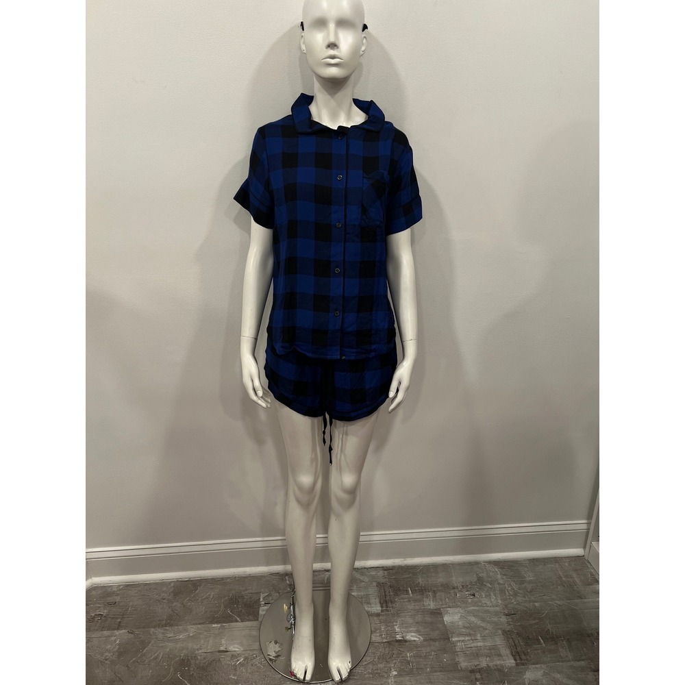 Plush Pajama Top Womens XS Blue Black NEW Buffalo Plaid Button Down Scrunchie